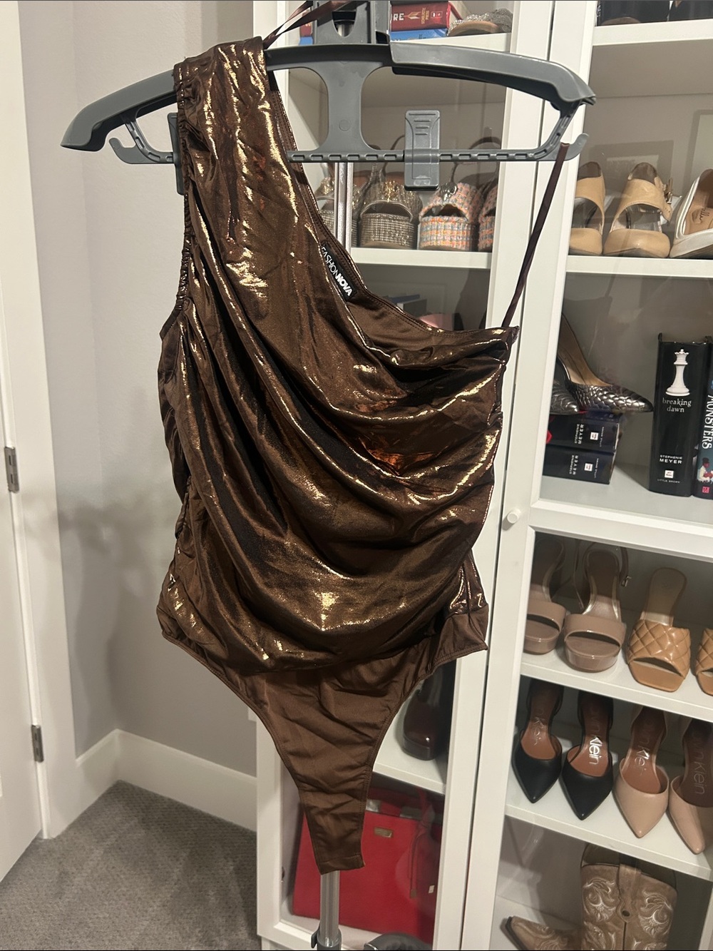 FashionNova Metallic Bronze One Shoulder Bodysuit NWT